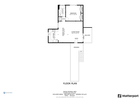 Floor plan for 1 bed, 1 bath, 720 sqft